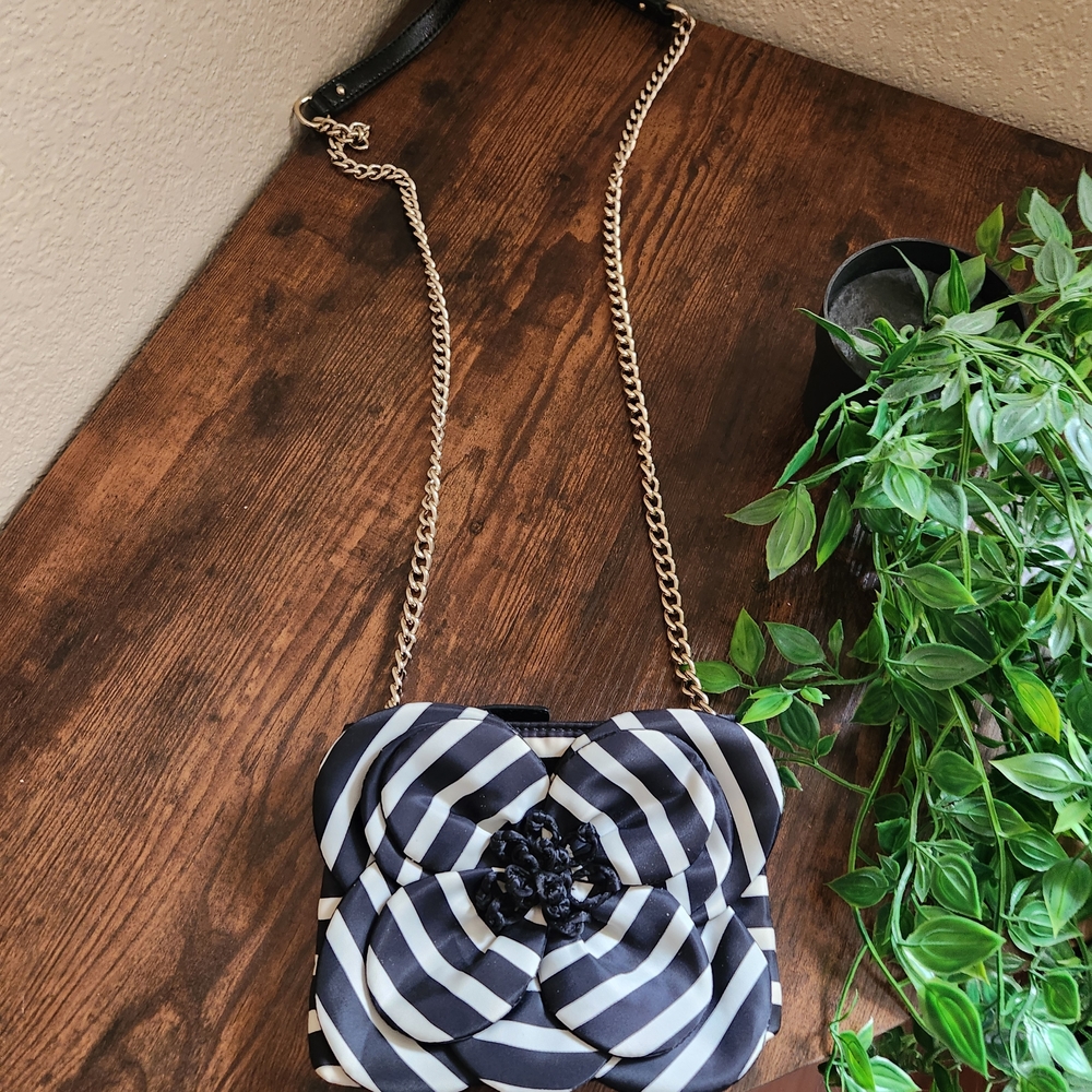 kate spade Black and White Striped Floral Rosette Crossbody